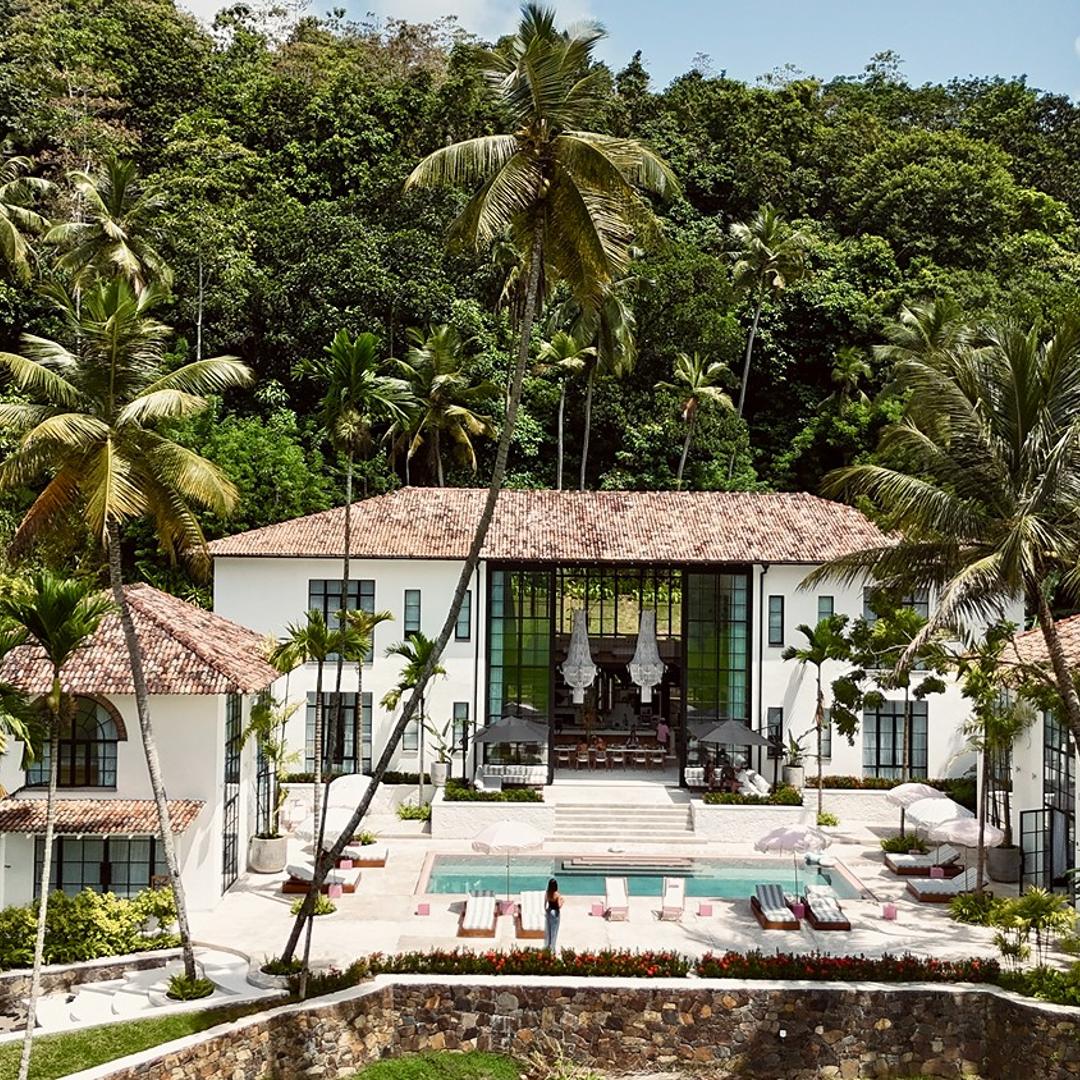 Miss Ceylon Unawatuna aerial view of hotel pool and tropical gardens daytime