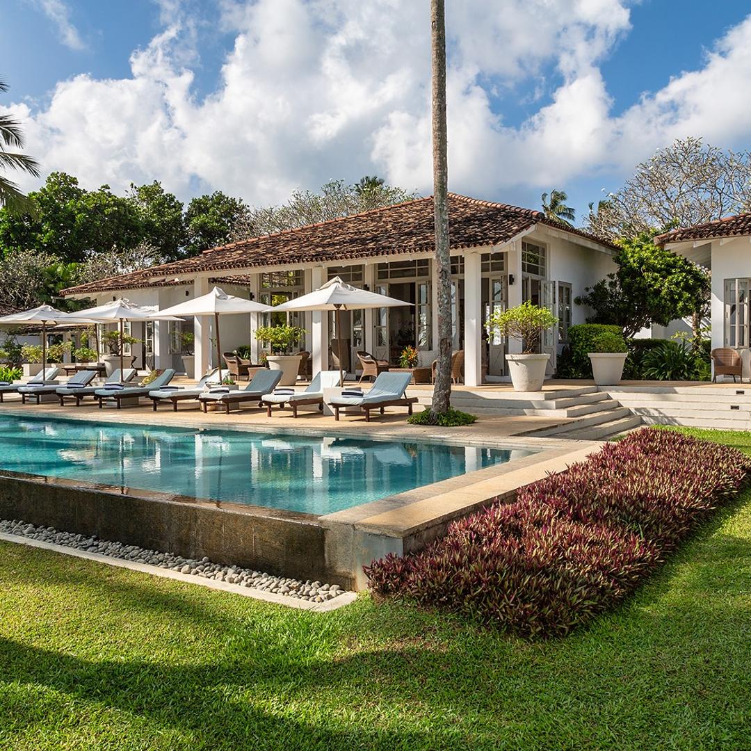 Daytime view of Habaraduwa House pool and colonial exterior, Habaraduwa, Sri Lanka
