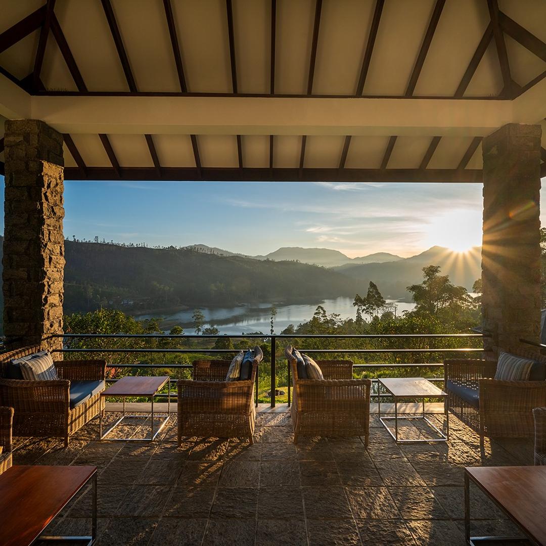 Lounge terrace seating with Castlereagh Reservoir view at Camellia Hills, Dickoya