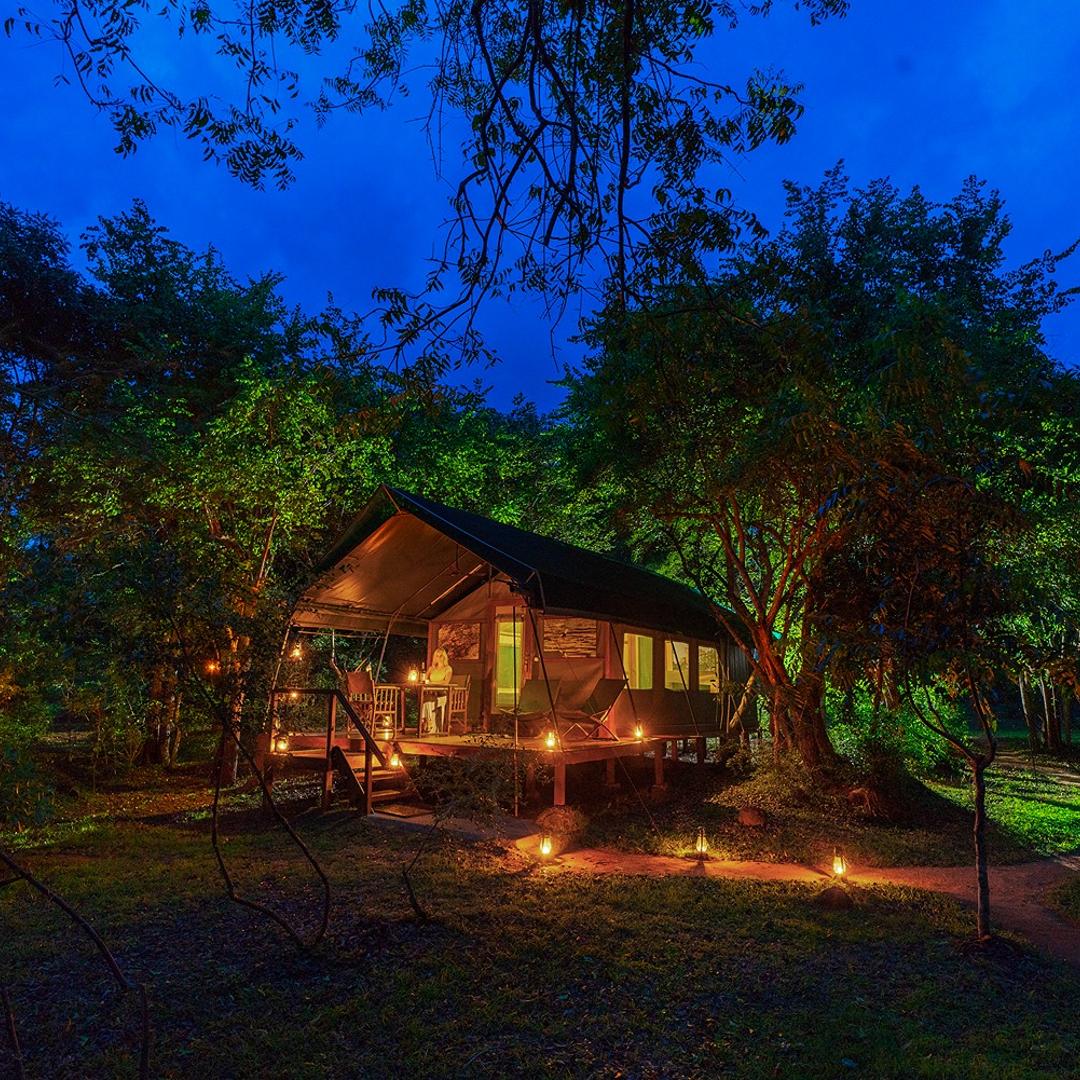 Safari tent with torches lit at dusk, Kulu Safaris Yala
