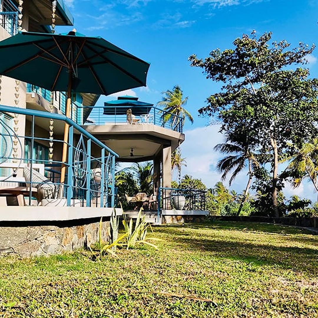 Drone aerial exterior with palms, Villa Monara Tangalle