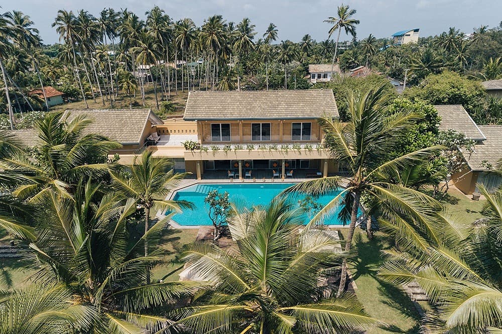 Overhead view of Wadduwa Beach Villa showing pool layout and tropical garden