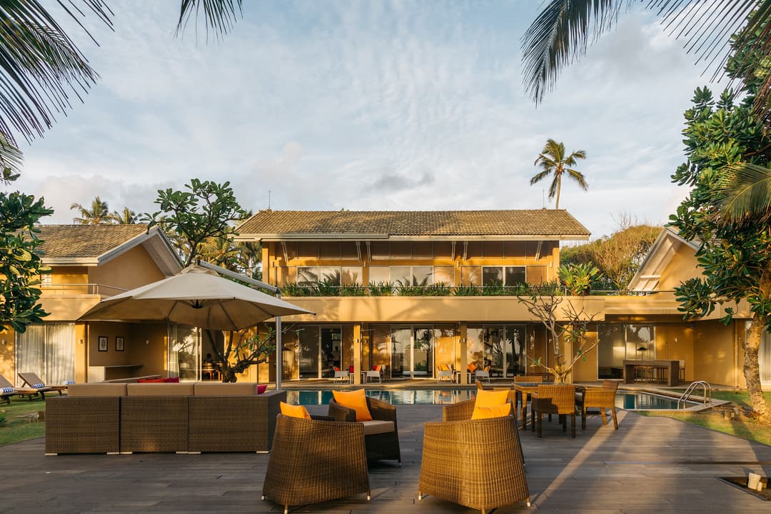 Wadduwa Beach Villa architecture and garden photographed at night with warm lighting