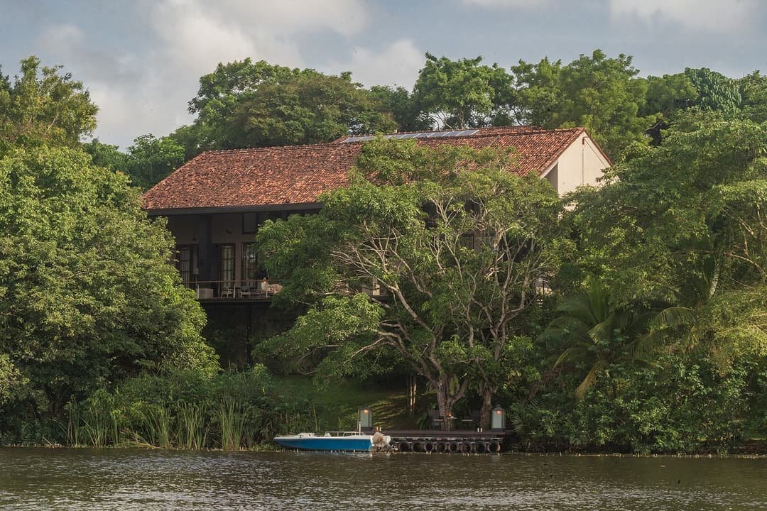 Bolgoda Lake villa exterior framed by mature tropical trees on the waterfront
