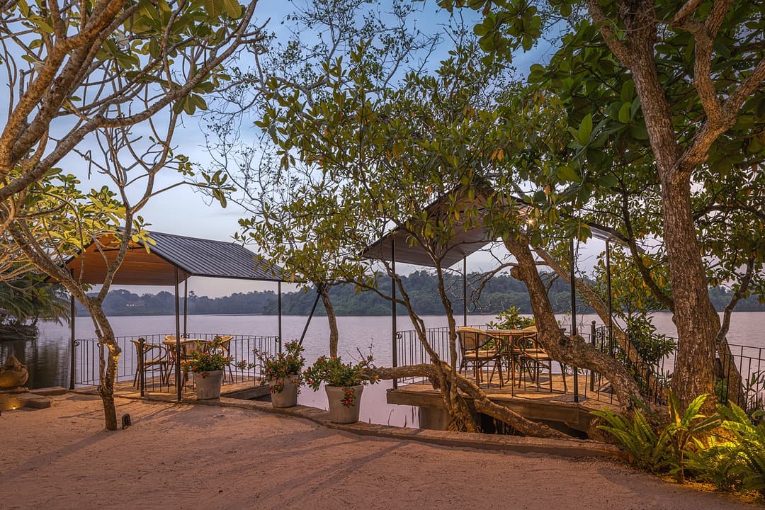 Villa pool deck with lake access and tropical trees at dusk in Bentota