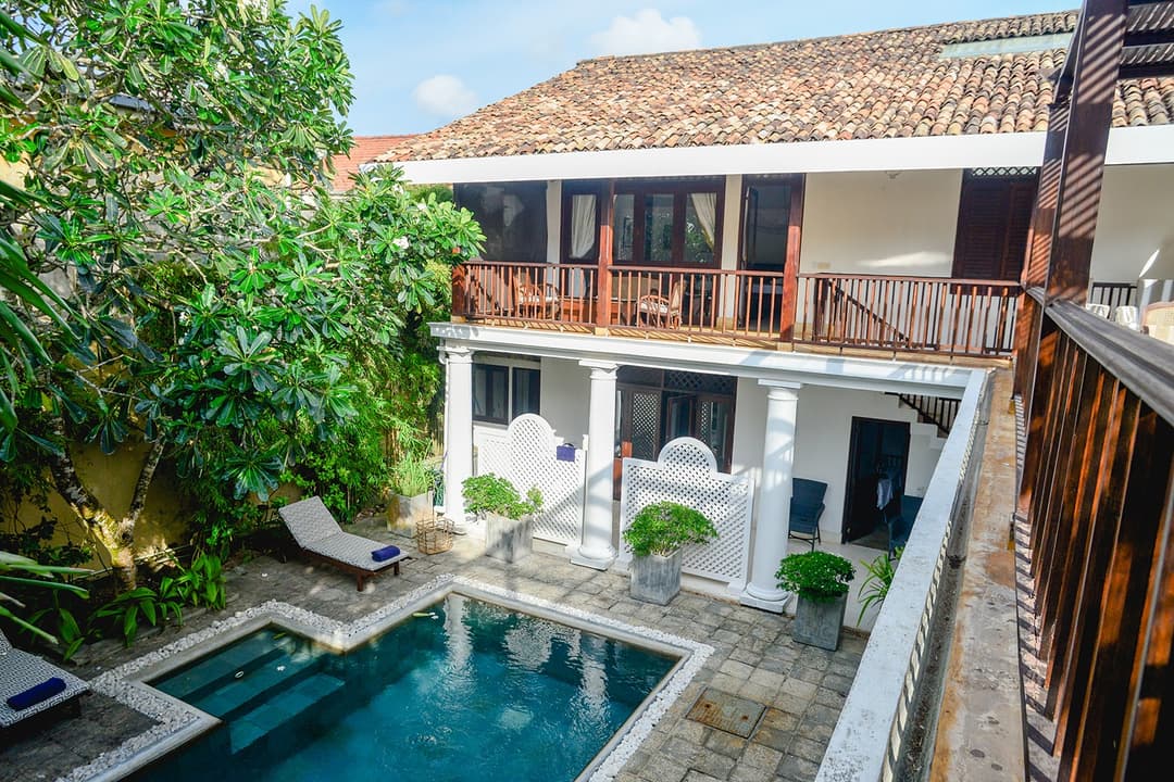 32 Middle Street Galle Fort courtyard pool within colonial mansion walls from above