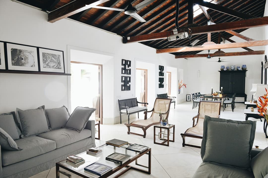 32 Middle Street Galle Fort spacious living room with grey sofa and dark timber ceiling