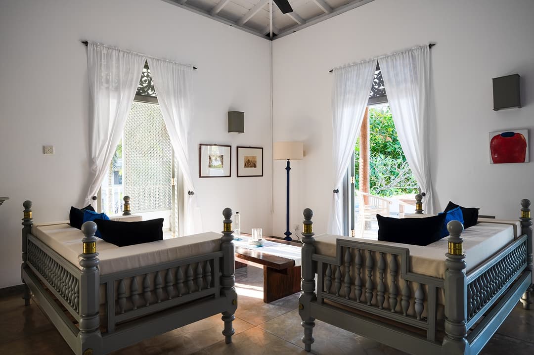 Beachfront villa kitchen with island counter and pendant lights Unawatuna Sri Lanka