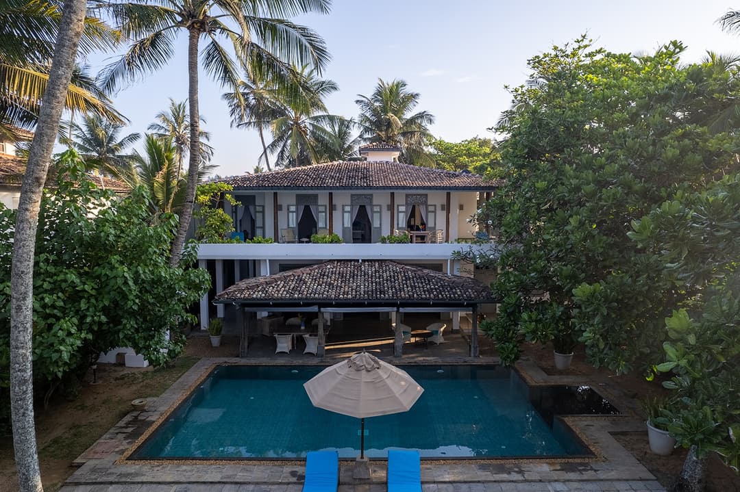 Aerial view of Villa Bleu Unawatuna exterior with pool and tropical garden