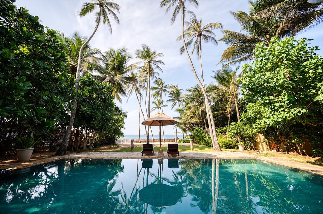 Villa Bleu Unawatuna private pool and garden with coconut palms and blue sky