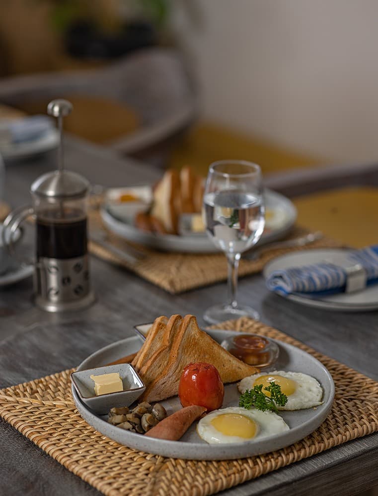 Ahangama beachfront villa chef plated breakfast with eggs, toast and coffee