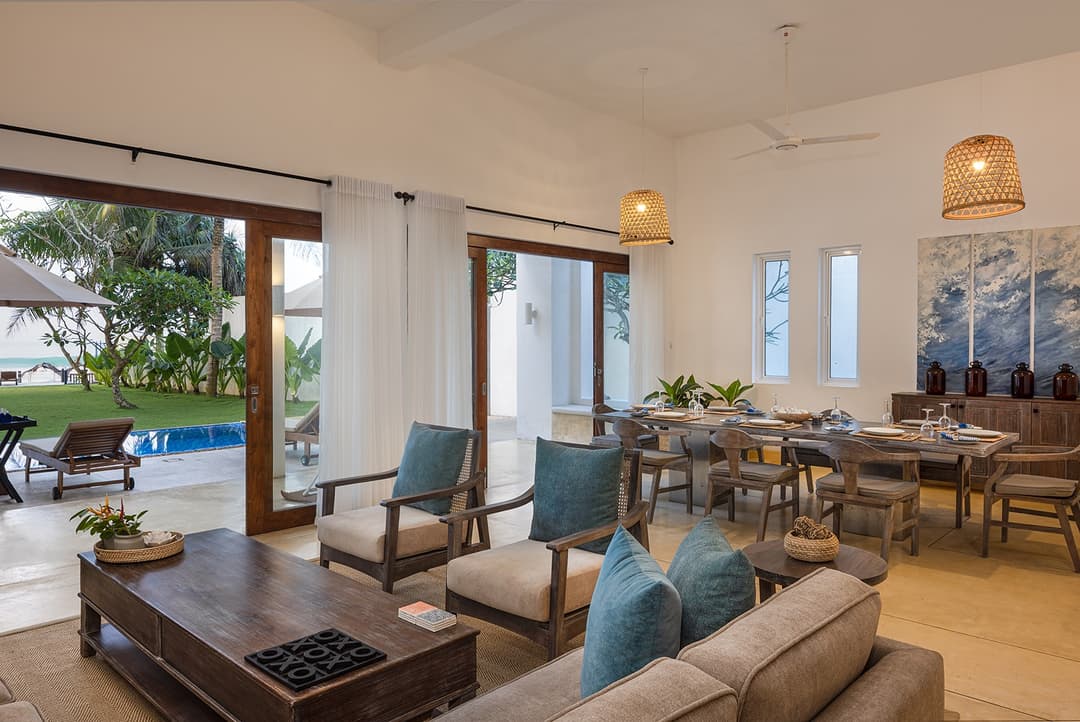 Ahangama beachfront villa open plan living room with teal and blue accents