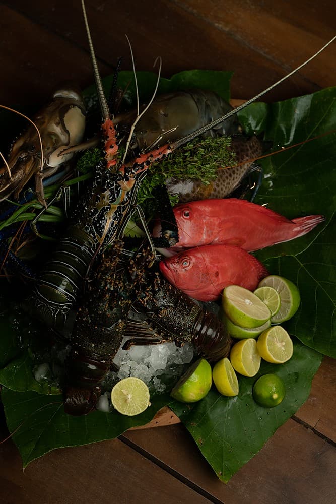 Overhead villa chef cooked lobster and red snapper