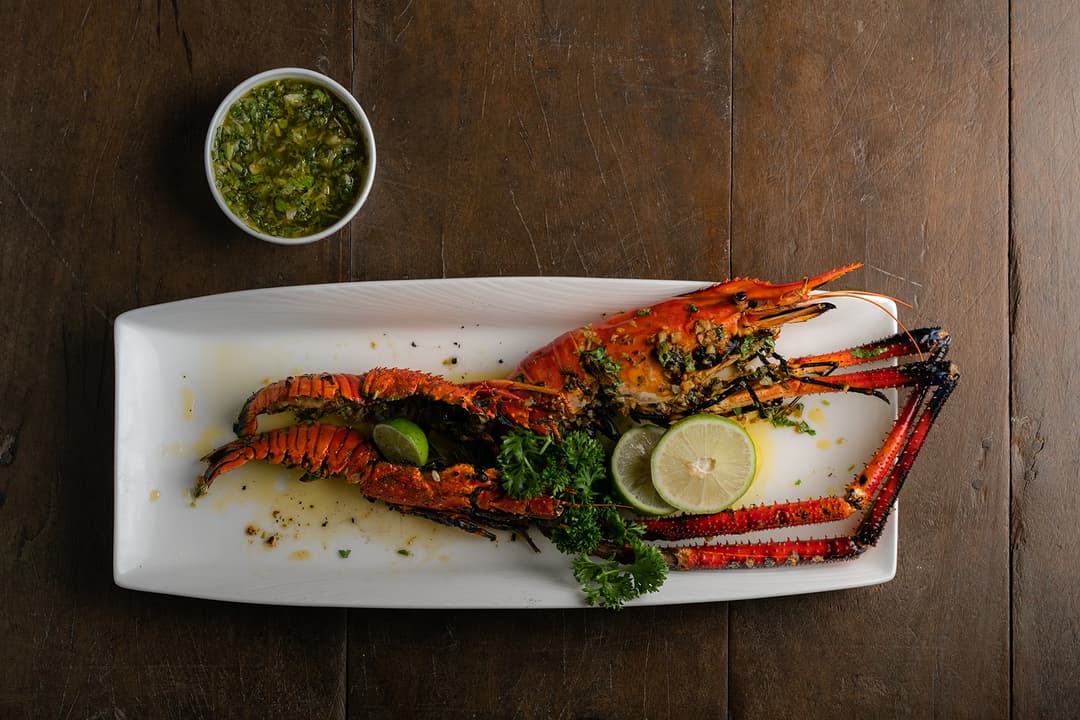 Villa chef whole lobster platter garnished on white serving dish