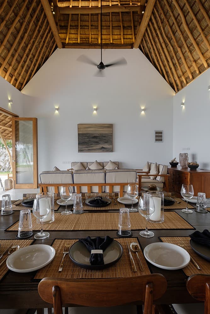 Mirissa villa open plan living and dining area with thatched ceiling