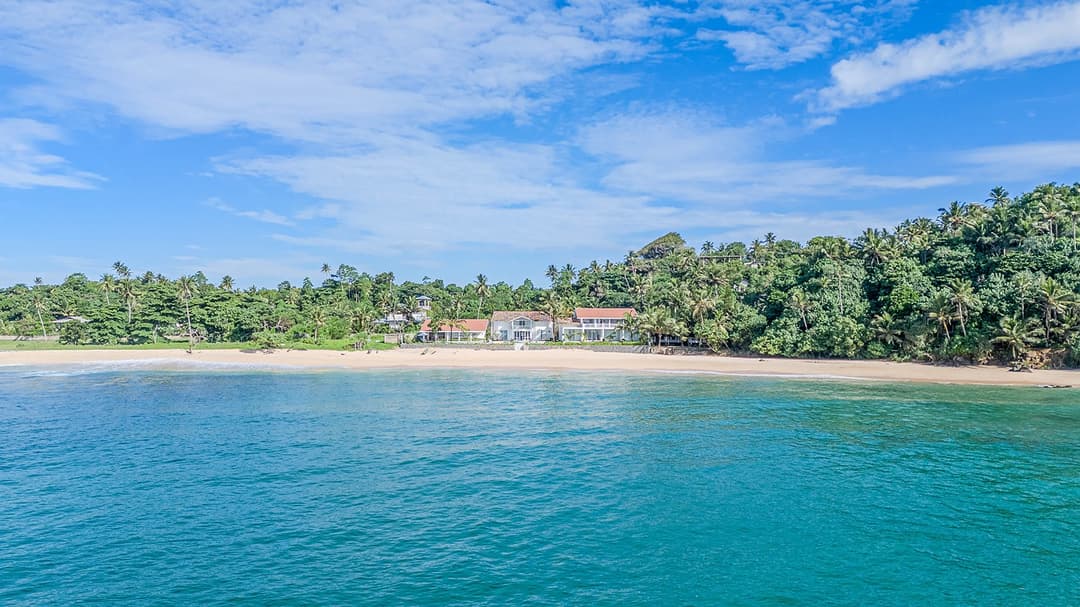 Aerial view of private bay at Kamburugamuwa near Mirissa with palm trees