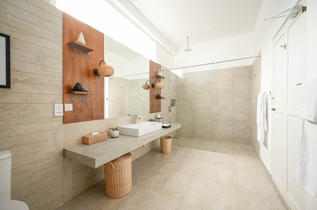 Mirissa luxury villa bedroom terracotta accent detail and minimal corridor