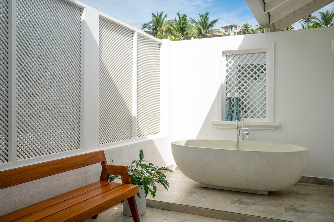 Mirissa luxury villa master bathroom freestanding bathtub on outdoor terrace