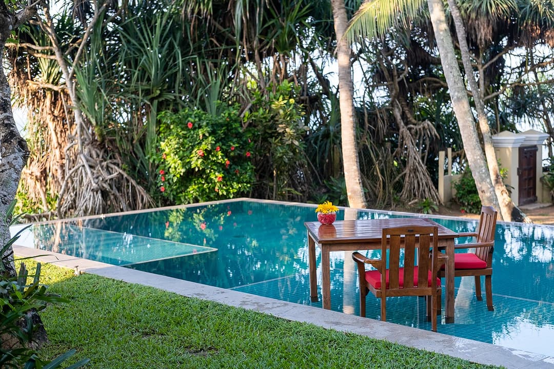 Matara villa pool and garden with red chairs and coconut palms daytime