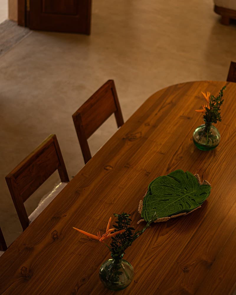 Dining table set for lunch with tropical garden setting