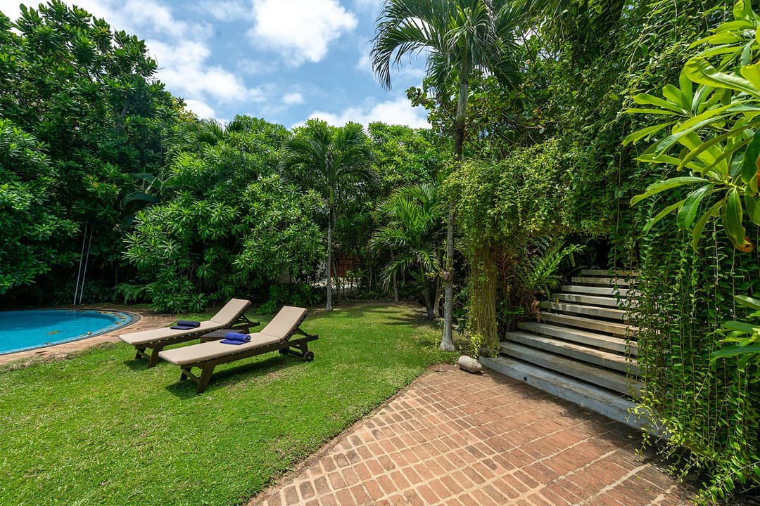 Pool with wooden loungers and lush tropical garden