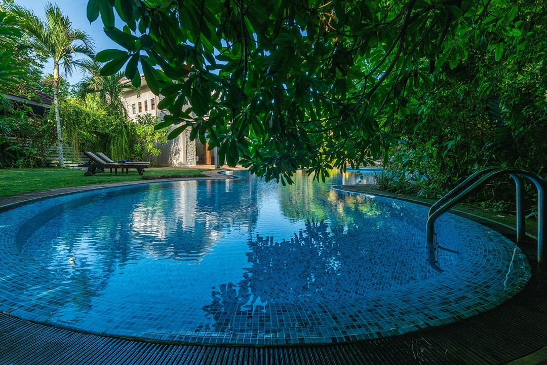 Beachfront villa pool framed by tropical canopy