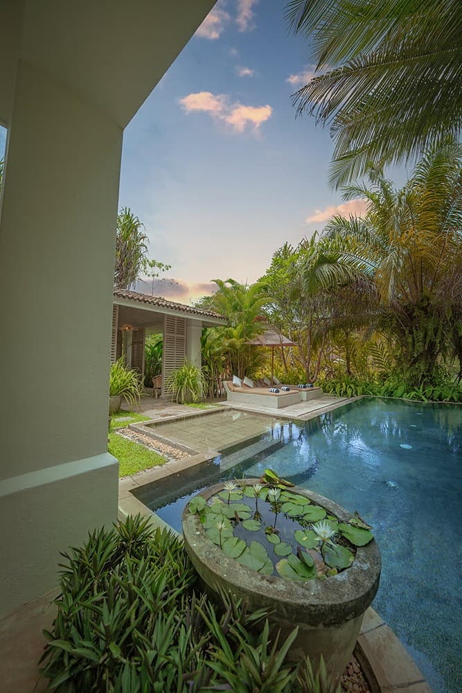 Rivers Edge stone pond with lily pads in tropical garden