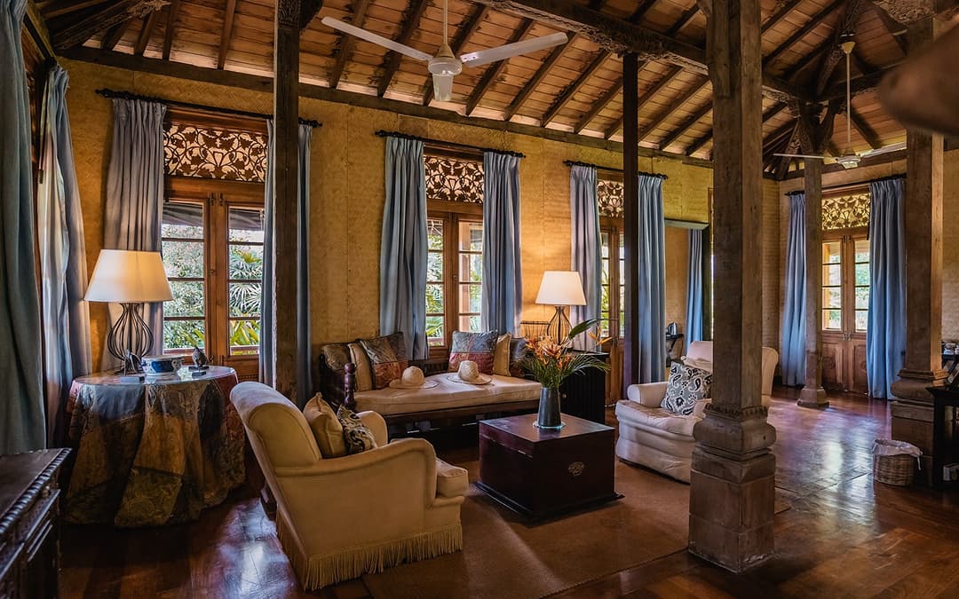 Kahanda Kanda living area with colonial antique furnishings