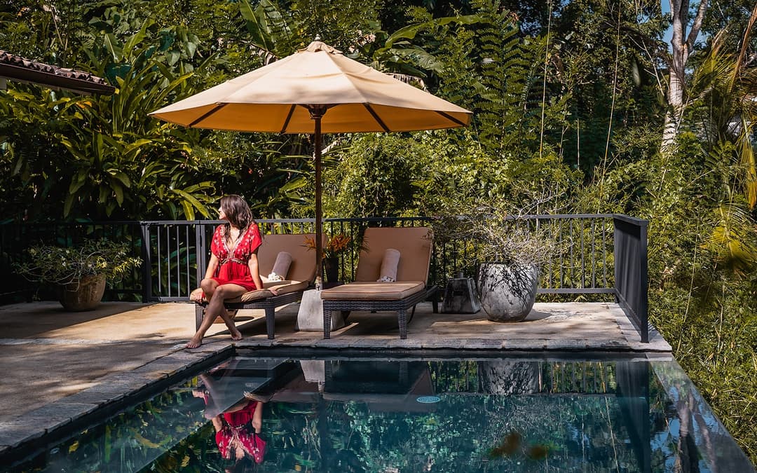 Pool loungers with jungle garden surrounding