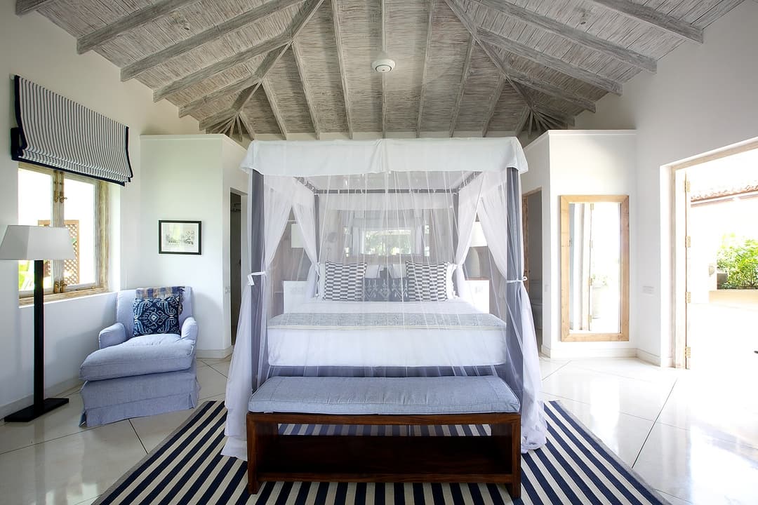 Wide view of Bedroom 3 with ocean light and canopy bed at Habaraduwa House, Sri Lanka