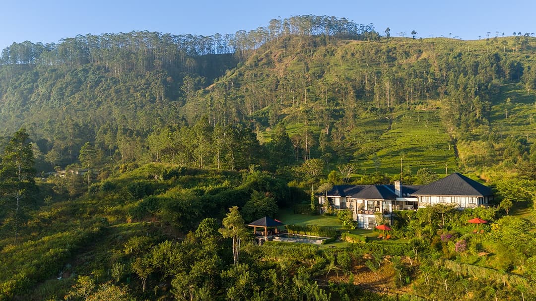 Camellia Hills aerial view set within Dickoya tea valley, Castlereagh Reservoir below, Sri Lanka