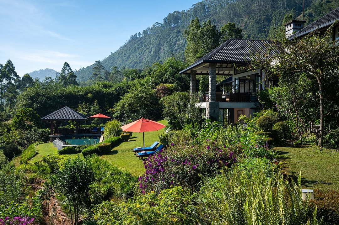 Camellia Hills garden terrace with surrounding tea hill views, Dickoya, Sri Lanka