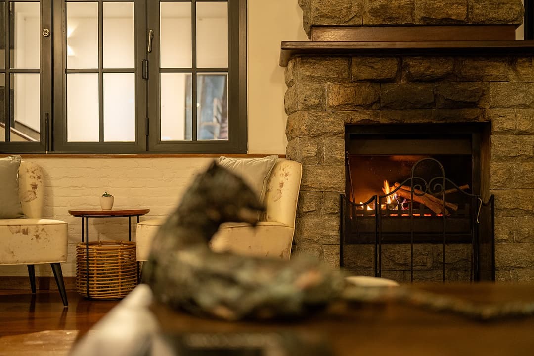 Camellia Hills lounge with lit stone fireplace on a cool evening, Dickoya, Sri Lanka