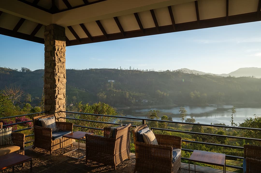 Camellia Hills evening lounge terrace with tea valley view, Dickoya, Sri Lanka