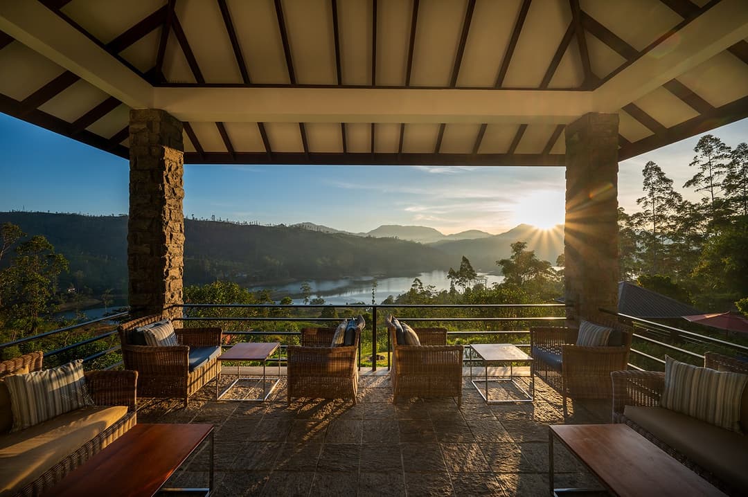 Lounge terrace seating with Castlereagh Reservoir view at Camellia Hills, Dickoya