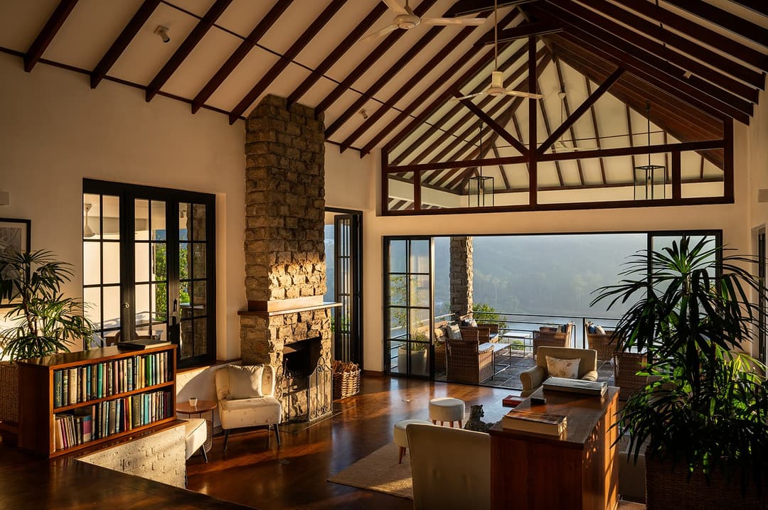 Wide lounge with vaulted timber ceiling at Camellia Hills, Dickoya, Sri Lanka