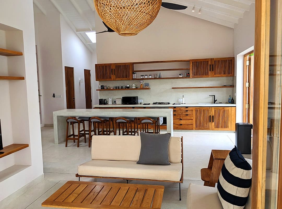 Open-plan kitchen and living area at Salt and Stone, Ahangama, Koggala, Sri Lanka