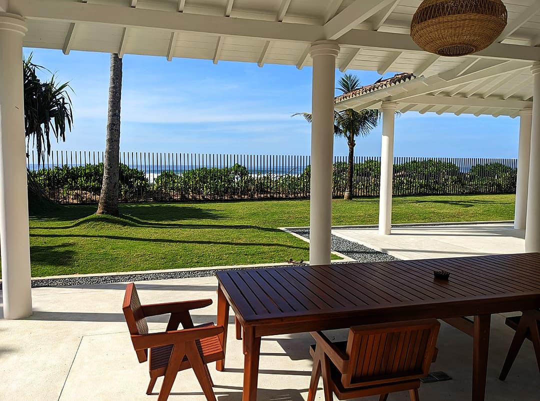 Covered outdoor dining pavilion with pool view at Salt and Stone, Ahangama, Sri Lanka