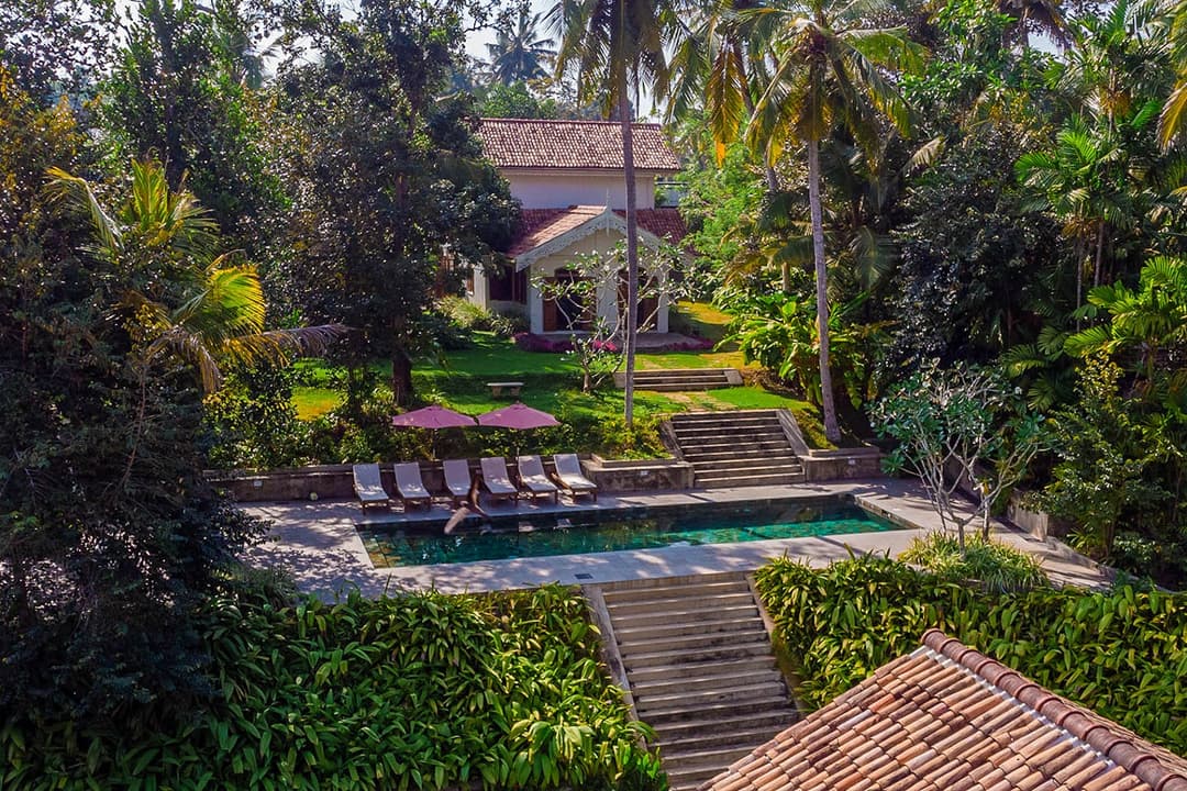 Aerial view of Island Villa Ahangama pool and garden house, Ahangama, Sri Lanka