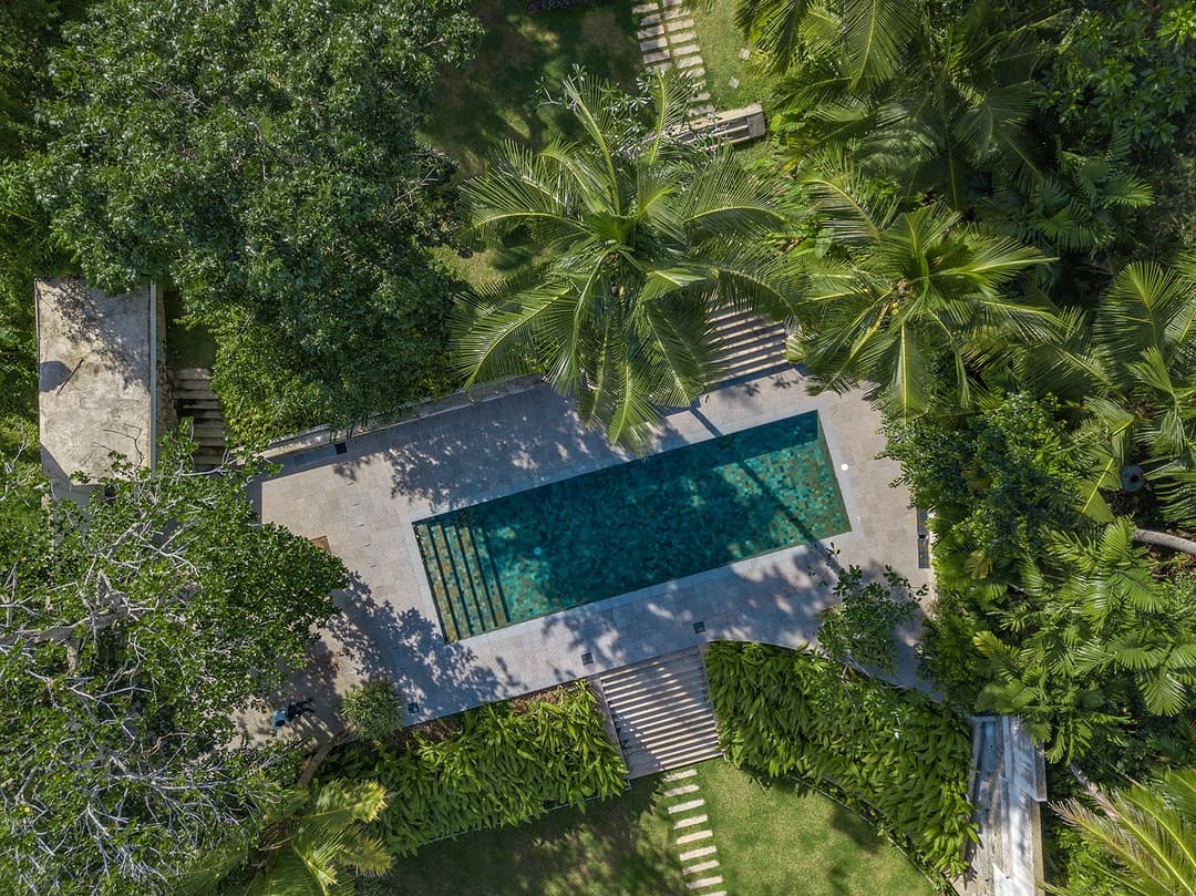 Overhead aerial of Island Villa Ahangama pool and garden terrace, Ahangama, Sri Lanka