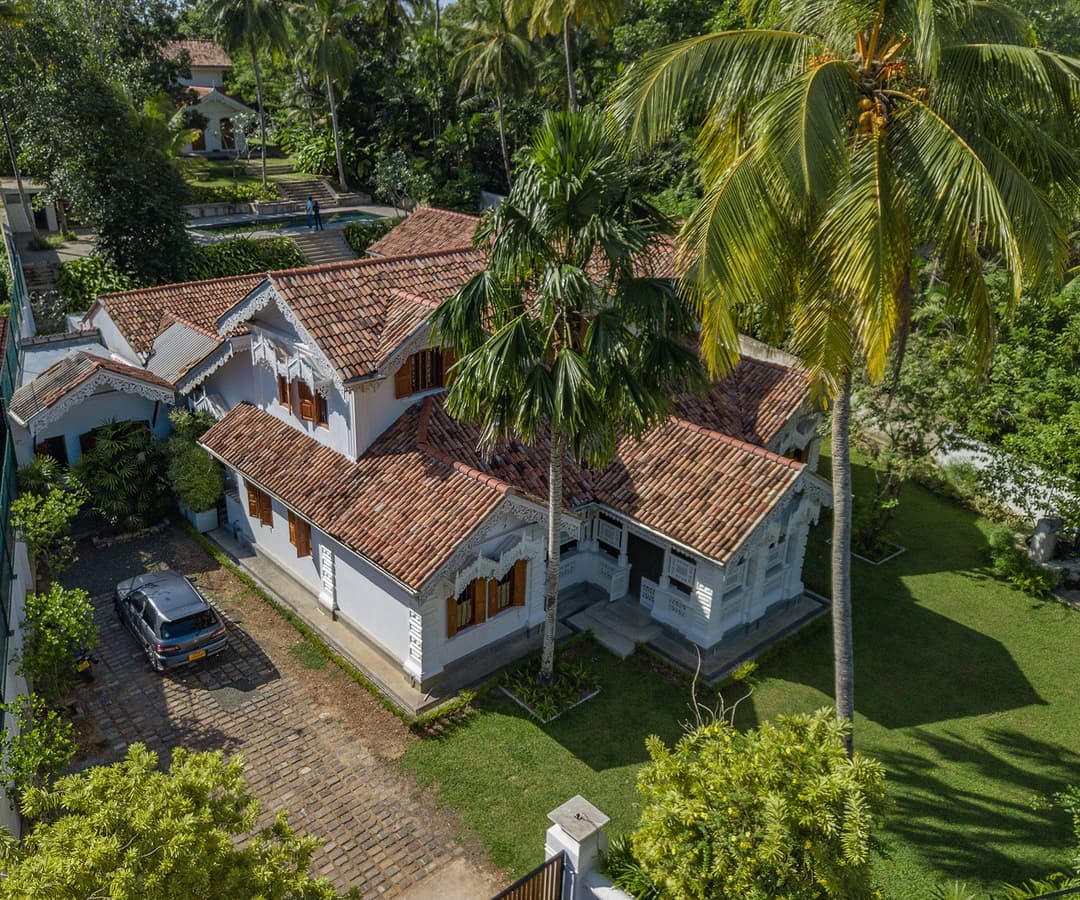 Island Villa Ahangama aerial view showing both houses and tropical garden, Ahangama, Sri Lanka