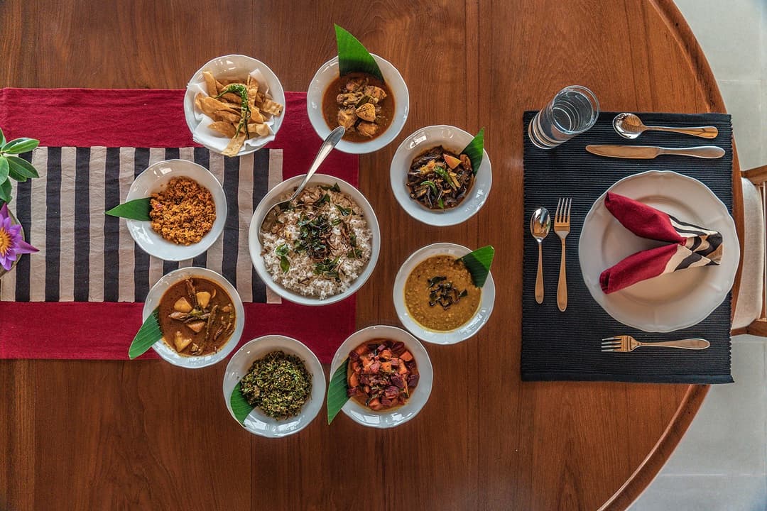 Aerial view of Sri Lankan dish spread at Island Villa Ahangama, Ahangama, Sri Lanka