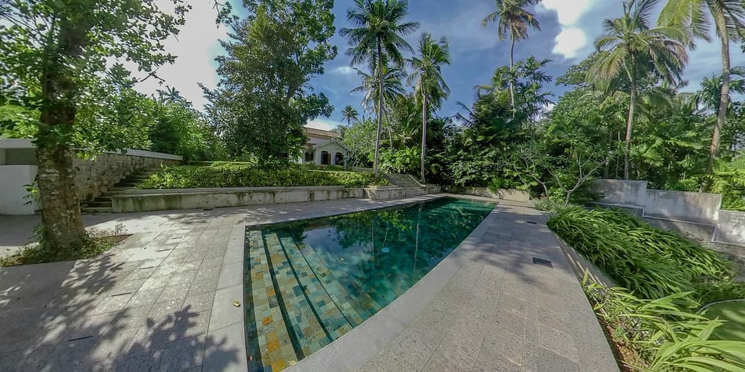 Island Villa Ahangama pool and garden wide view, Ahangama, Sri Lanka