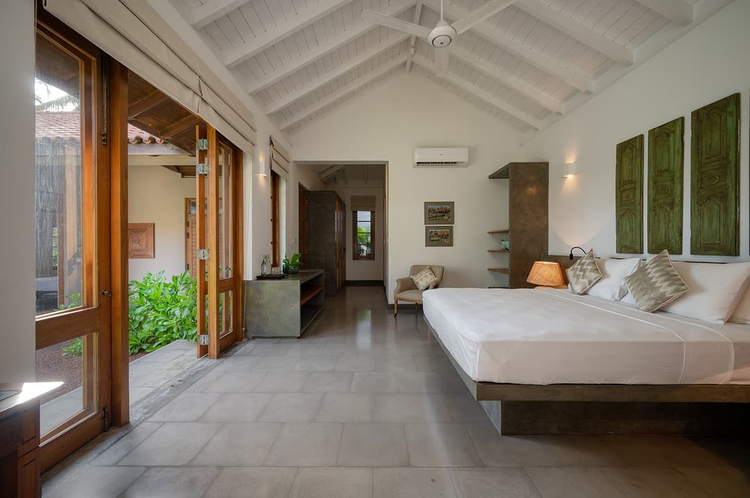 King bedroom viewed from doorway at Kirana Villa, Bentota, Sri Lanka