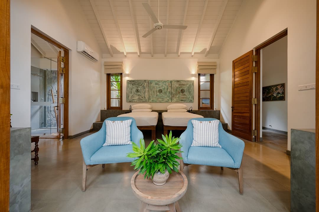 Wide king bedroom open to garden at Kirana Villa, Bentota, Sri Lanka