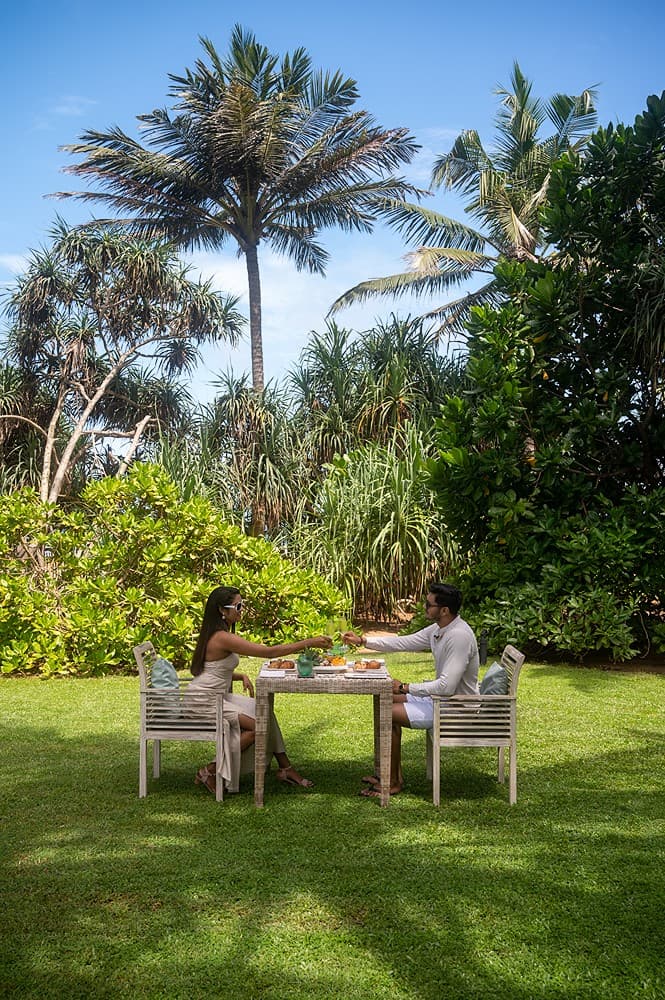 Tropical garden with lawn chair and coconut palms at Kirana Villa, Bentota, Sri Lanka