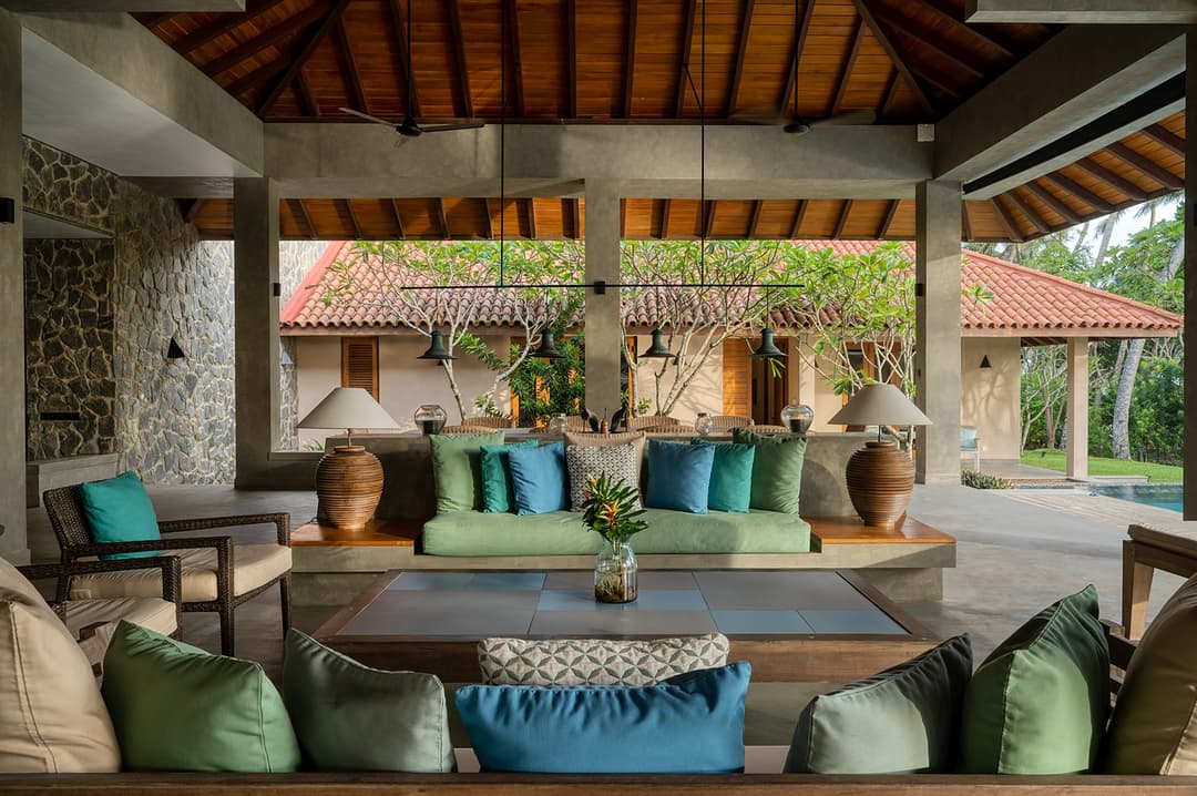 Living pavilion seating with garden view at Kirana Villa, Bentota, Sri Lanka