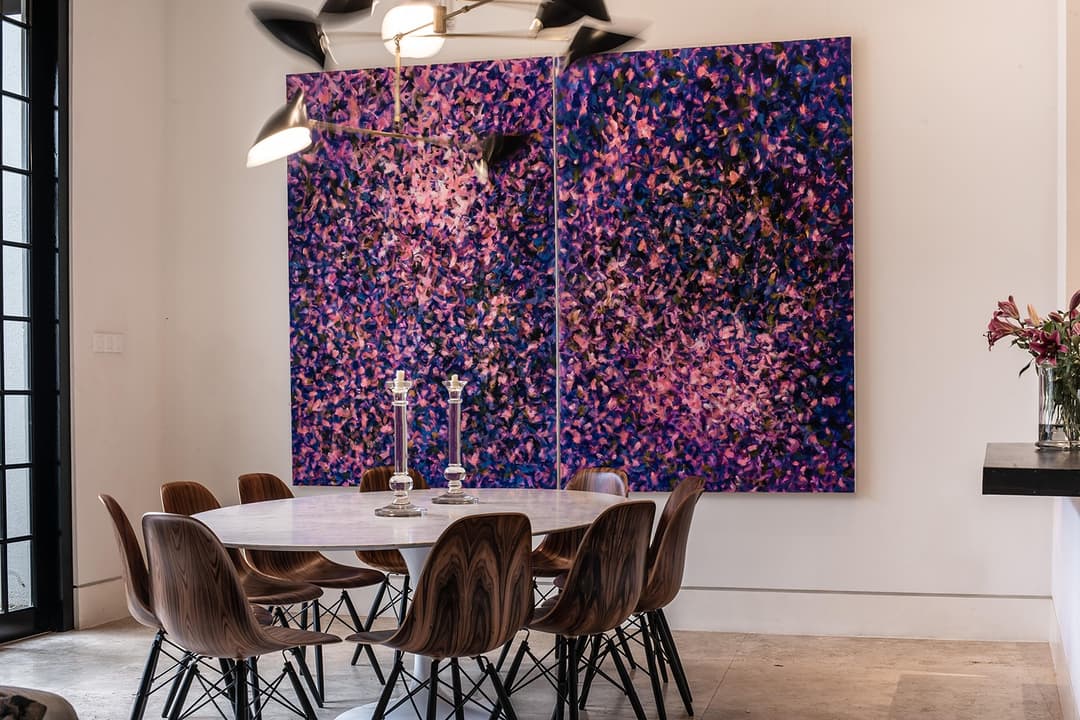 Bright dining room with large purple triptych and long dining table, No. 77 Leyn Baan Galle