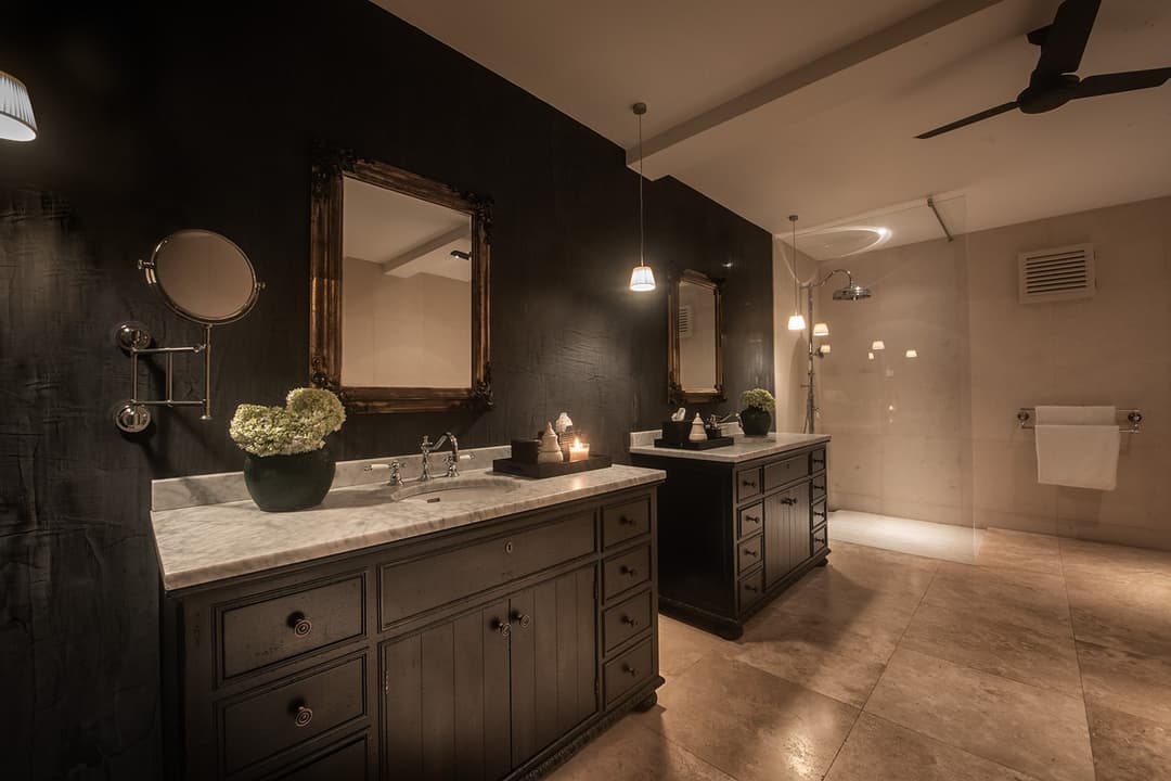 Bathroom with grey vanity unit and dark ceiling fan, No. 77 Leyn Baan, Galle Fort, Sri Lanka