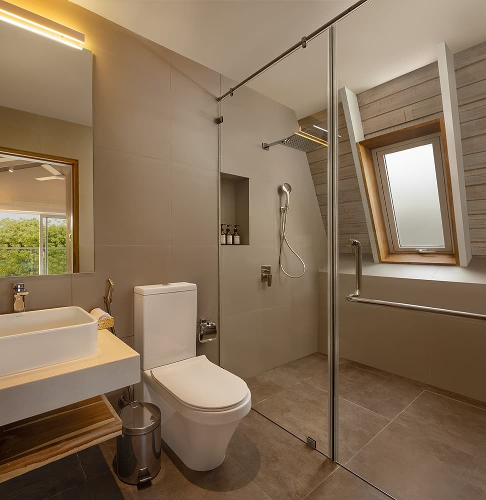 Asaya Sands Mirissa bathroom with glass shower and bathtub, Mirissa, Sri Lanka